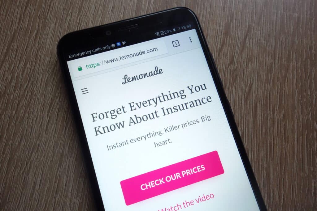 The Lemonade Insurance website on a smartphone.